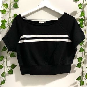 Black loose crop top with white stripes detail